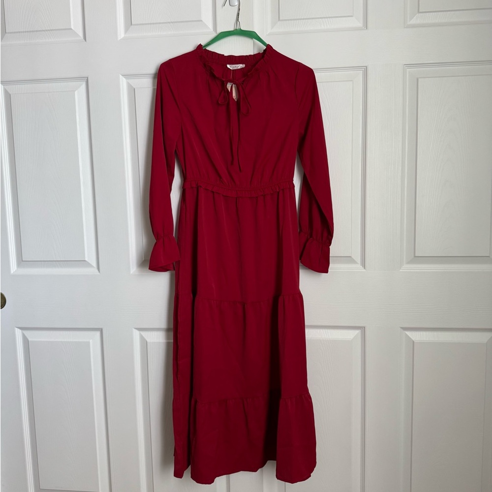 Kirundo Long Sleeve Tie V Neck Red Smocked Maxi Dress